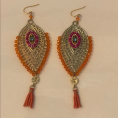 Beautiful Never Worn Drop Crystal Orange, Pink And Turquoise Colored Stone In The Middle. Such Gorgeous Detail With Small Tassel On The Bottom. Colored Stone, Turquoise Color, Tassel Earrings, Orange Pink, Color Orange, Orange Color, Stone Color, Pink And Orange, Tassels