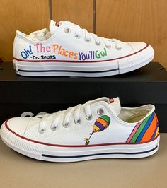 "This is a fun pair of new pair of Converse, hand painted with \"Dr. Seuss, Oh the Places You'll Go\" on one shoe and the rainbow and balloon on the other shoe. Allow at least 7-10 days to paint new orders. Once an order is placed, then the Converse are ordered in the size ordered. Then once the shoes are received, they are hand painted and shipped out. They make a great gift or something special for you! Custom orders are available as well, just contact me. WHEN ORDERING: Please keep in mind th Converse Hand Painted, Dr Seuss Shoes, Teacher Shoes Painted, Painting Converse Shoes, Things To Paint On Shoes, Custom Painted Shoes Ideas, Diy Canvas Shoes, Painted Converse, Teacher Shoes