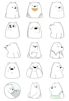 an image of polar bears with different expressions on their faces and body shapes, including the head