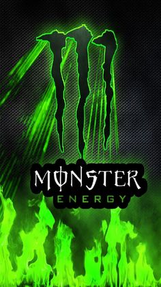 the monster energy logo with green flames in front of it and black background that reads,'monster energy energy '