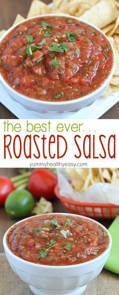 the best ever roasted salsa in a white bowl with tortilla chips on the side