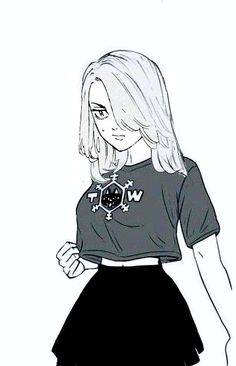 a drawing of a girl with long hair wearing a black skirt and t - shirt