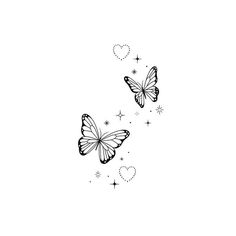 two butterflies flying in the air with stars around them on a white background, black and white photo