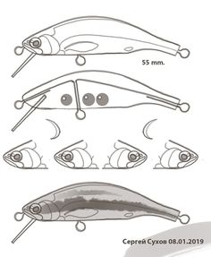 three different types of fishing lures, one with eyes and the other with mouth