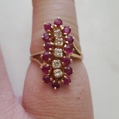 Beautiful Vintage Ruby Ring With Diamonds Signed 14k Pc Tags: 10k, 10kt, 925, Sterling Silver, 14k, 14kt, Ruby, Burmese, African, Diamond, Yellow Gold, Antique, Vintage Ring, Red Cluster Diamond Ring In 14k Gold, Red Diamond Cluster Ring In 14k Gold, Marquise Ruby Jewelry With 17 Jewels, Collectible 14k Gold Multi-stone Rings, Collectible Multi-stone 14k Gold Rings, Marquise Ruby Jewelry For Anniversary, Fine Jewelry Red Diamond Ring Stamped 14k, Heirloom 14k Gold Multi-stone Diamond Ring, Exquisite 14k Gold Hallmarked Rings