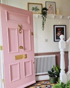 a pink door is in the middle of a room with potted plants on the floor