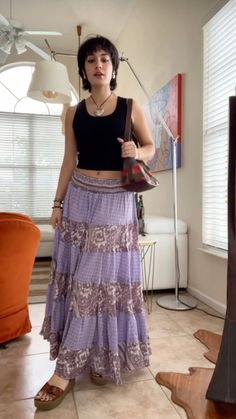 long flowy purple skirt, black tank top, heart statement necklace, leather sandals, leather patchwork purse Farmers Market Outfit, Leather Patchwork, Purple Skirt, Black Tank Tops, Leather Sandals, Tank Tops, Purple, Leather, How To Wear