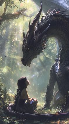 a woman sitting on the ground next to a large black dragon in a forest with trees