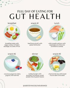 a poster with the words, full day eating for gut health and pictures of different foods