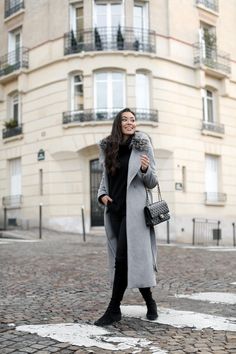 Janessa Leone Hat, Grey Winter Coat, Italy Winter, Paris Winter, Winter Layers, Stuart Weitzman Boots, Gray Winter, Chanel Flap Bag, Trip To Paris