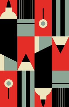 an abstract pattern with black, red and grey shapes on it's sides that appear to be made up of squares