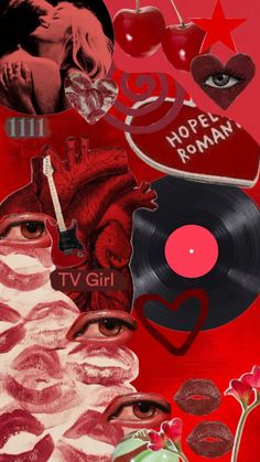 a collage of various images including an apple, heart, and woman's face