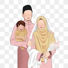 a man and woman holding a baby in their arms, wearing muslim garbs