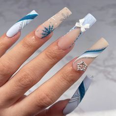 Snowflake Bowknot Sweater Pattern Christmas Blue French Long Fake Nails Detachable Finished False Frozen Theme Nails, Christmas Nail Designs Blue, Blue And White Christmas Nails, Frozen Nails, Blue Christmas Nails, Girly Acrylic, Bday Gift