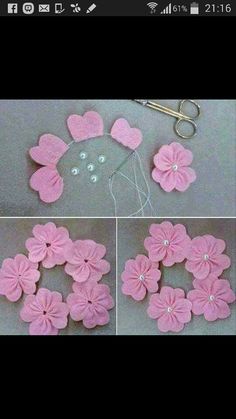 some pink flowers are being made with scissors