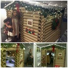 there is a woman standing in front of a house made out of cardboard tubes