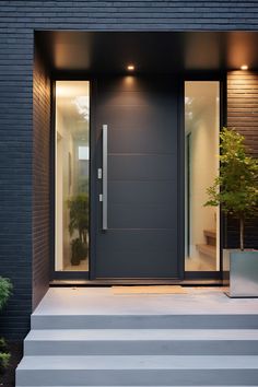 modern front door with steps leading up to it and potted plant in the foreground