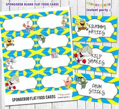 spongebob party food labels and place cards for kids to use on the table