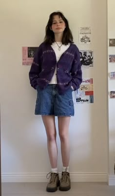 Fall 2024 Cardigan Outfits, Midsize 90s Outfits, Indie Spring Outfits, Kate Brock Outfits, Purple Cardigan Outfits, Purple Sweater Outfit, Kate Brock, Downtown Outfits, Back To School Outfit