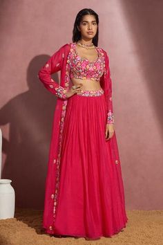 Shop for Aneesh Agarwaal Fuchsia Soft Organza Embroidered Cape Lehenga Set for Women Online at Aza Fashions Long Jacket Outfit, Indowestern Lehenga, Mehandi Outfits, Organza Cape, Cape Skirt, Cape Lehenga, Long Blouse Designs, Lehenga Designs Simple, Cape Jacket