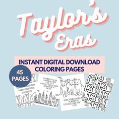 the cover of taylor's eras instant digital printable coloring pages for adults and children