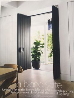 an open door leading into a living room with a potted plant on the floor