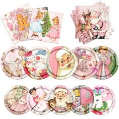 a bunch of plates with santa claus and other christmas items on them, all in different designs