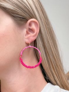 Lightweight and stylish, these Skinny Open Beaded Dangle Earrings are designed to provide comfort and ease of wear. Featuring beaded detailing along the hoop, these earrings are suitable for all occasions. 1.50" Lead & Nickel Compliant Seed Beads, Fashion Forward, Hot Pink, Dangle Earrings, Beads, Glass, Pink