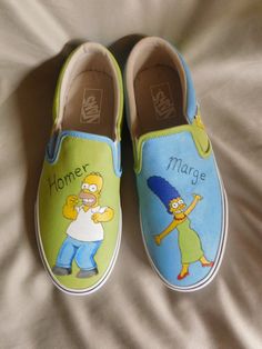 ustom painted Simpsons Vans Off the Wall canvas slip ons sneakers. Hand-painted by me these Mens size 9.5 or womens 11 sneakers feature Homer on one toe, Marge on the other, Bart on the outside panel and Lisa on the inside, with Simpson text on the back. Painted using Angleus brand premium paints and a sealer.  Boxed and ready to wear. Follow me at https://www.facebook.com/PistachioArtworks or Instagram at https://www.instagram.com/spanky30816 on Pinterest at https://www.pinterest.com/spanky3081 Vans Painted, Custom Painted Shoes, Painted Sneakers, Neutral Shoes, Sneakers Athletic, Vans Off The Wall, Custom Painted, Painted Shoes, Custom Sneakers