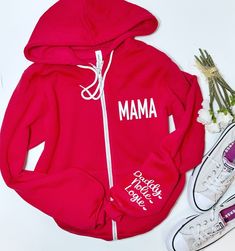 Listing is for a zip up hoodie with one sleeve print. Under the personalization box, please leave me the name/s for the sleeve and the Est. needed.  If the second sleeve is needed, please add this listing below to your cart. https://www.etsy.com/listing/1170758862/  Requesting a preview of your order will only delay the processing time. Your sweatshirt will look exactly the same as pictured but with your own personal information.  Unisex full zip hoodie. We suggest sizing down for a women's fit Customizable Hooded Hoodie For Gift, Customizable Hooded Hoodie As Gift, Cotton Hooded Sweatshirt For Mother's Day, Cotton Hooded Sweatshirt With Name Print, Cotton Hooded Hoodie For Mother's Day, Mother's Day Hooded Hoodie With Letter Print, Mama Sweater, Womens Hoodies, Mama Sweatshirt