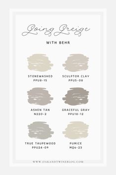 a poster with the names and colors of different shades of grey, white, beige, and black