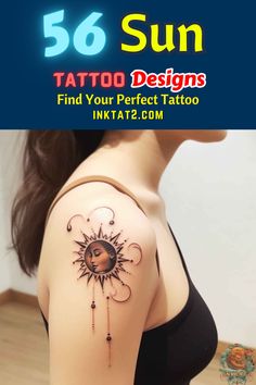 the back of a woman's shoulder with sun and moon tattoo designs on it