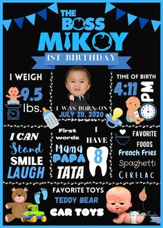 Hello!  Welcome to our shop! Personalized BOSS BABY birthday Milestone Board available. ( DIGITAL FILE ONLY) size guide for printing:42 cm x 59.4 cm After payment kindly send us the photo and name.Processing time is within  48 hours. Should you wish to have it within  the day, extra fees will be applied. Click this link. https://thepartyfinds.etsy.com/listing/1647352194 COPYRIGHT: We do not claim ownership over the character clipart or graphics used in files. Copyrights and trademarks of any gra Boss Baby Birthday Banner, Baby Birthday Banner, Birthday Milestone Board, Milestone Board, Character Clipart, 1st Birthday Party Decorations, 1st Birthday Themes, Birthday Milestone, Baby Themes