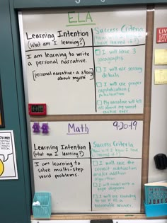 a bulletin board with writing on it in front of a classroom door that says ela