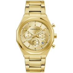 This Caravelle mens 6-hand chronograph features elevated style and uncompromising functionality. The angular gold-tone stainless steel case features a dynamic brushed finish with polished accents with a matching multi-link bracelet with a foldover clasp. The luxurious champagne-colored dial offers a balance of complementary finishes, gold-tone indices and hands with luminous fill, and a framed date display. The recessed subdials feature seconds and 30-minute chronograph counters and a 24-hour di Mens Designer Watches, Mens Chronograph, Elevated Style, Steel Watch, Stainless Steel Watch, Minerals Crystals, Stainless Steel Bracelet, Watch Design, Quartz Movement