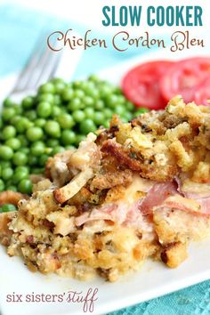 the cover of slow cooker chicken cordon bleu with peas and tomatoes