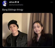 two people sitting next to each other in front of a tv screen with the caption bang siblings thingy