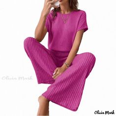 Olivia Mark - Elegant Outfit Set Featuring Long Sleeve and Pants Casual Solid Color Wide-leg Pants Set, Casual Solid Wide-leg Pant Sets, Casual Wide-leg Pants Set, Casual Fall Sets With Wide-leg Pants, Casual Ribbed Summer Sets, Casual Ribbed Sets For Spring, Women Outfit Summer, Set Women Outfit, Outfit Summer Casual