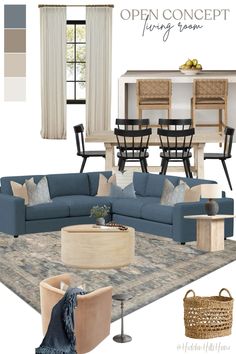 an open concept living room with blue couches