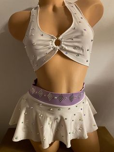 JILLYROCKS 3 PC: Halter tie top           Thong           Flare skirt COLOR: White with Lavender trim, crystal AB rhinestone bling and Pearls SIZE: Can fit small or medium MADE IN THE USA Halter Tie Top, White Lavender, Crystal Ab, Women's Costumes, Tie Top, Pearl Size, Flare Skirt, Halter Top, Crystal Rhinestone