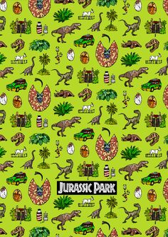 a green background with different types of dinosaurs and plants on it, including trees, bushes,