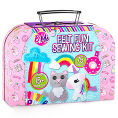 a pink suitcase with an assortment of sewing kits