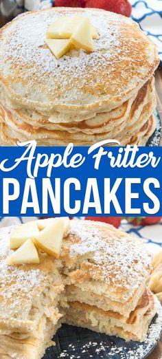 apple fritter pancakes stacked on top of each other with powdered sugar and apples in the background