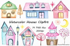 watercolor houses clipart with different styles and colors, including pinks, blue, green