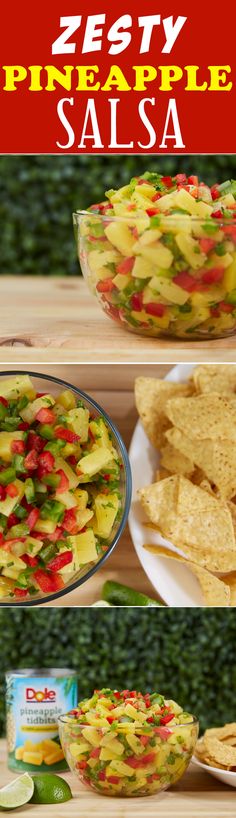 several pictures of different types of salsa in bowls and on plates, with text overlay reading zesty pineapple salsa