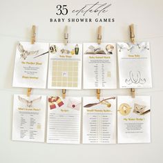 the baby shower games are hanging on clothes pins