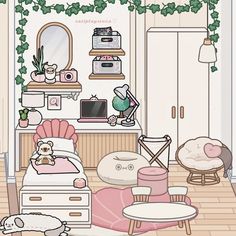 a room filled with lots of furniture and plants on the wall next to a bed