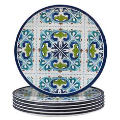 four blue and green plates stacked on top of each other with an ornate design in the middle