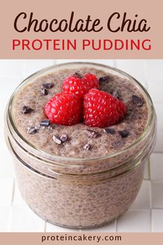 chocolate chia protein pudding in a jar with raspberries on top