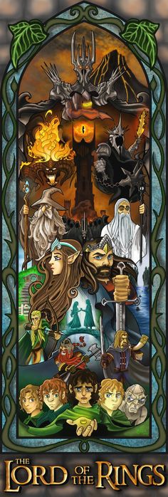 the lord of the rings poster is shown in green and orange colors, with an image of